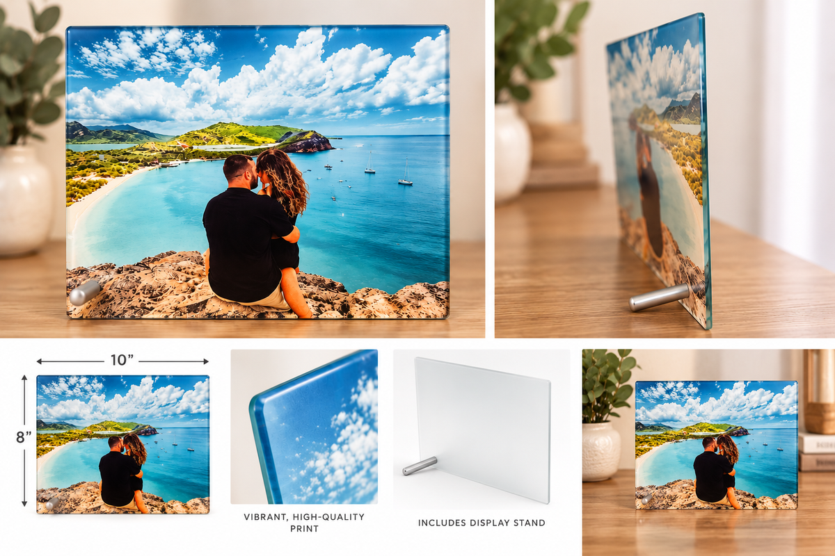 Personalized Glass Photo Print with Stand – 8x10 Custom Picture Display