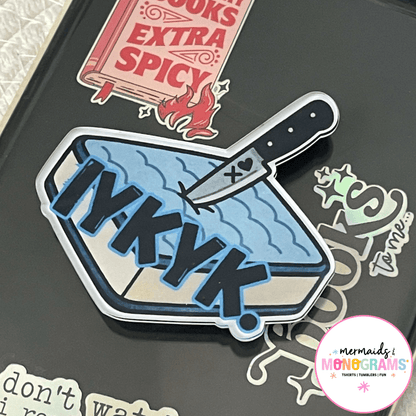 YKYK dark romance Kindle grip with blue book and knife graphic
