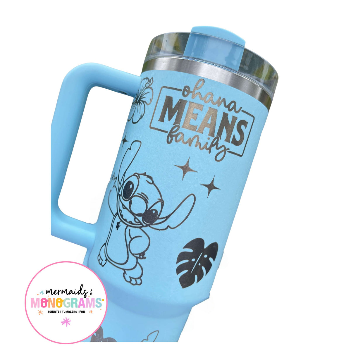 Close-up of Stitch and “Ohana Means Family” quote on engraved cup