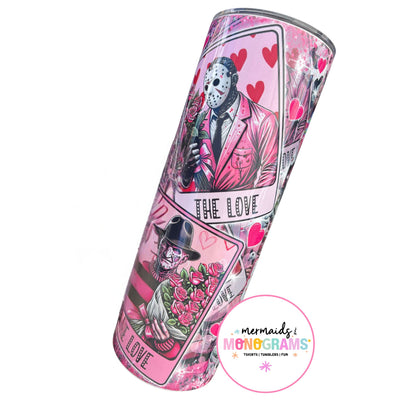 Pink horror tumbler featuring Jason and Freddy with hearts and roses – “The Love” design
