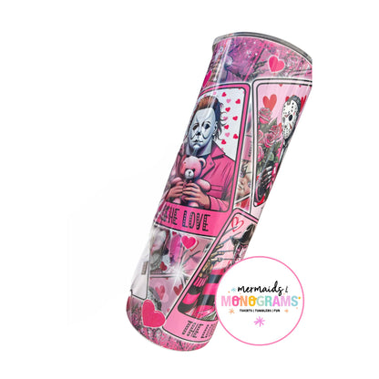 Valentine’s tumbler with Michael Myers holding a teddy bear – horror love theme