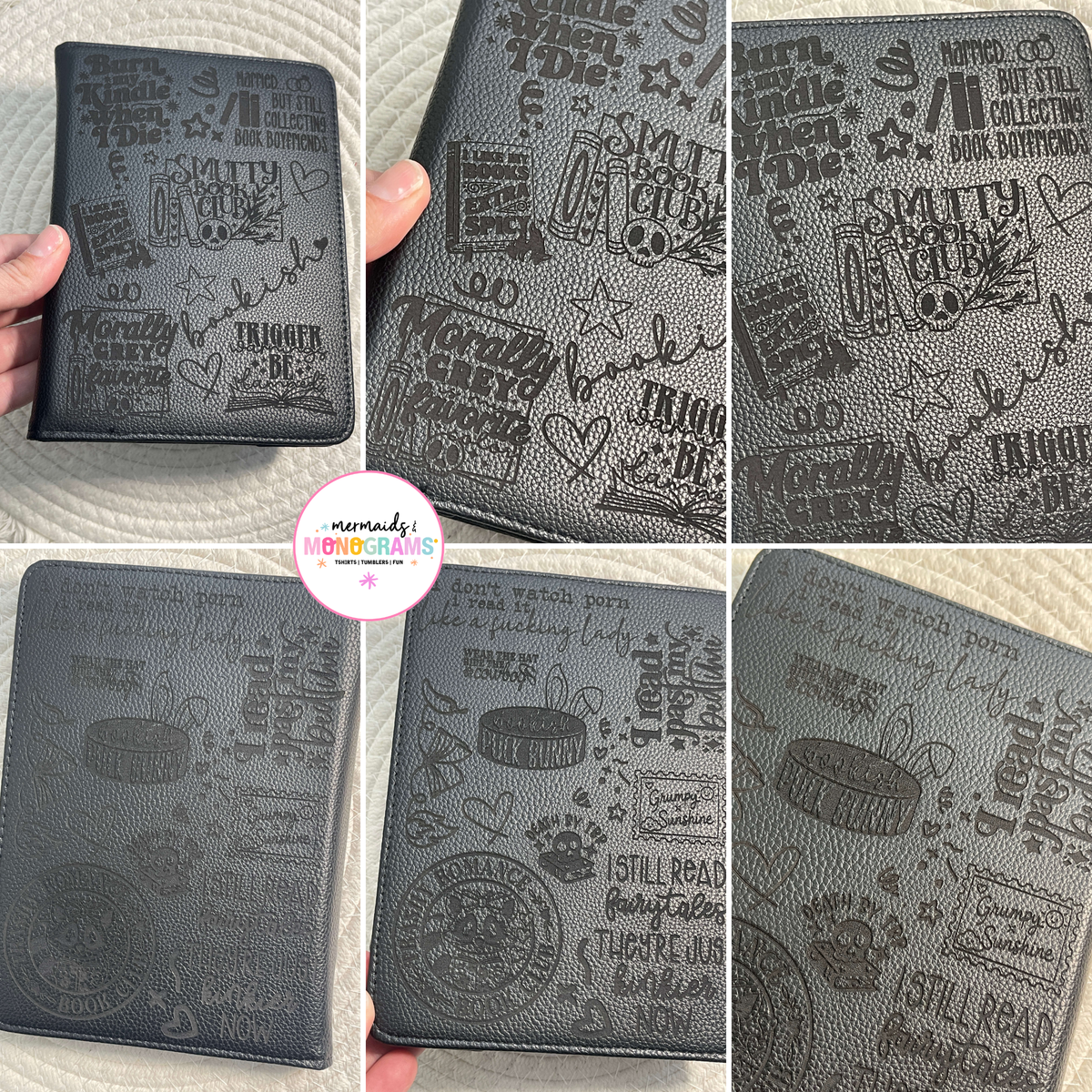 Bookish Kindle cover with laser engraved romance reader design